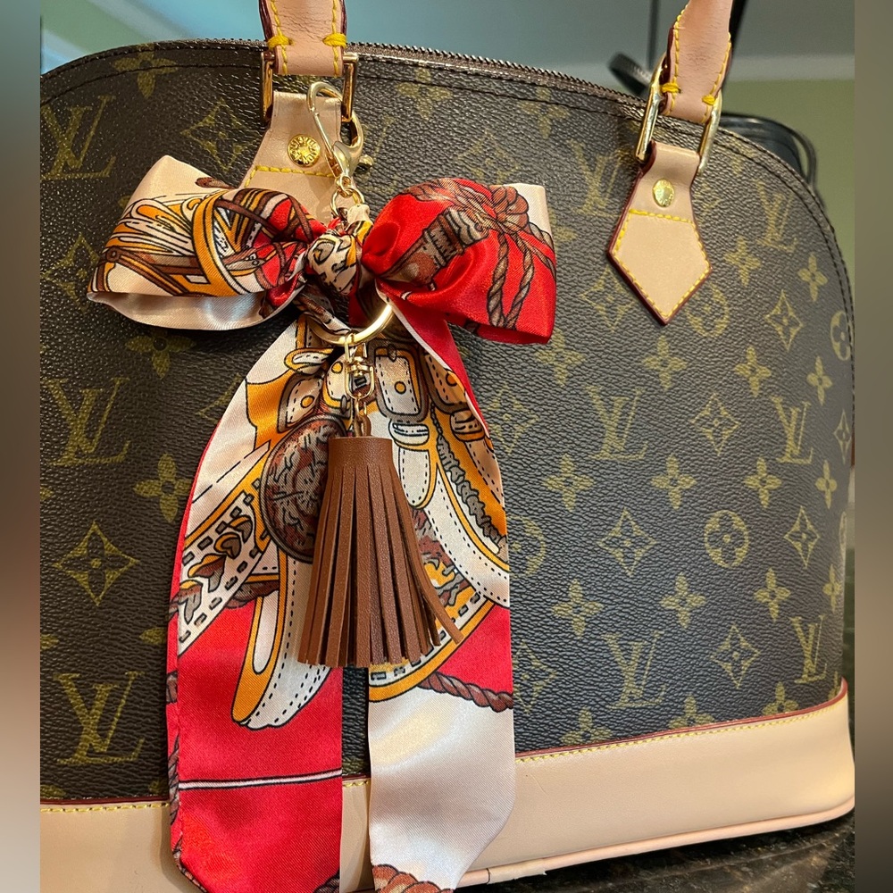 Purse scarf bow tassel charm , gold hardware easy clip on bag red ivory gold